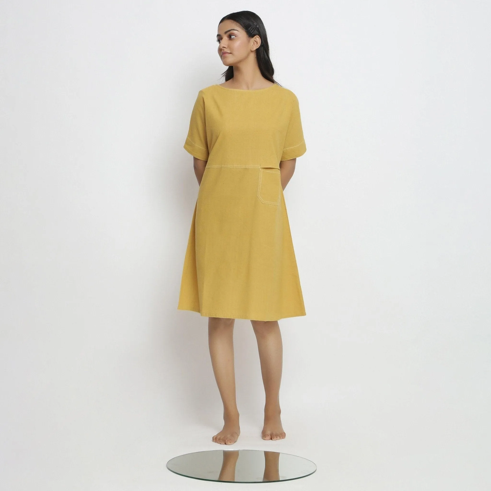 Light Yellow Handspun Cotton Knee Length Yoked Dress