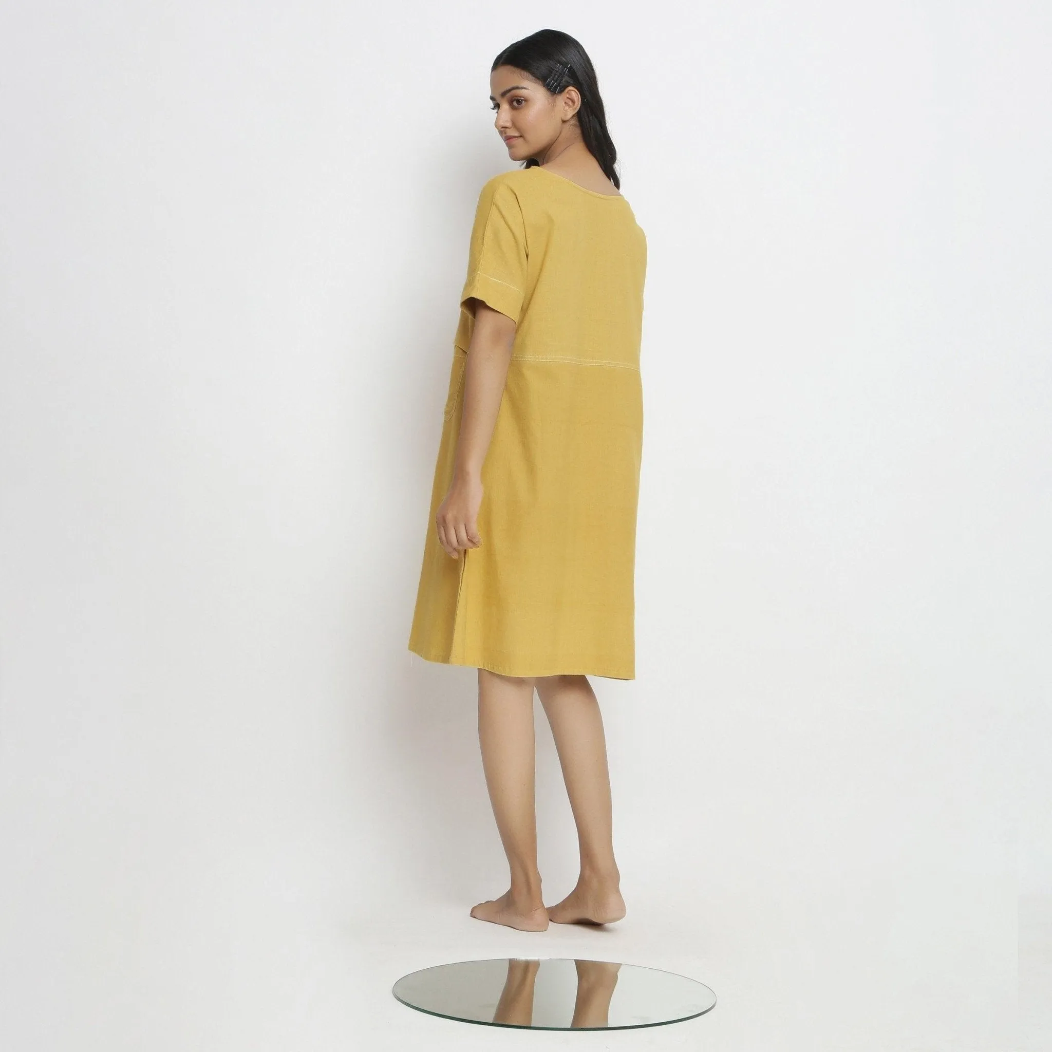 Light Yellow Handspun Cotton Knee Length Yoked Dress