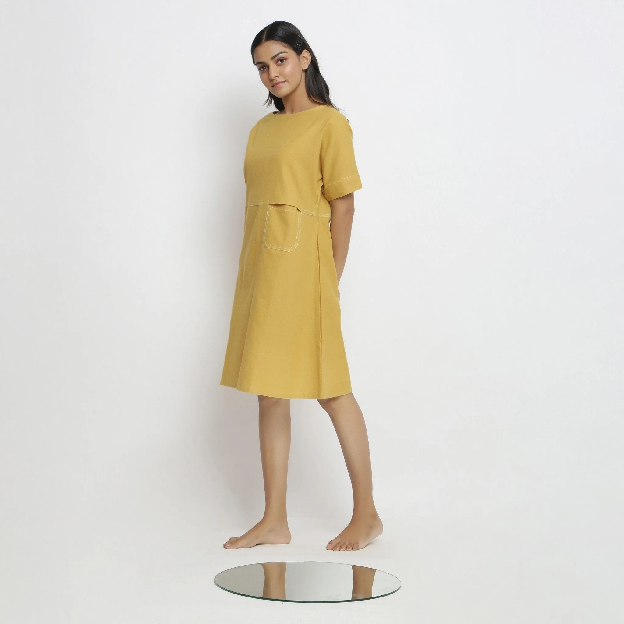 Light Yellow Handspun Cotton Knee Length Yoked Dress