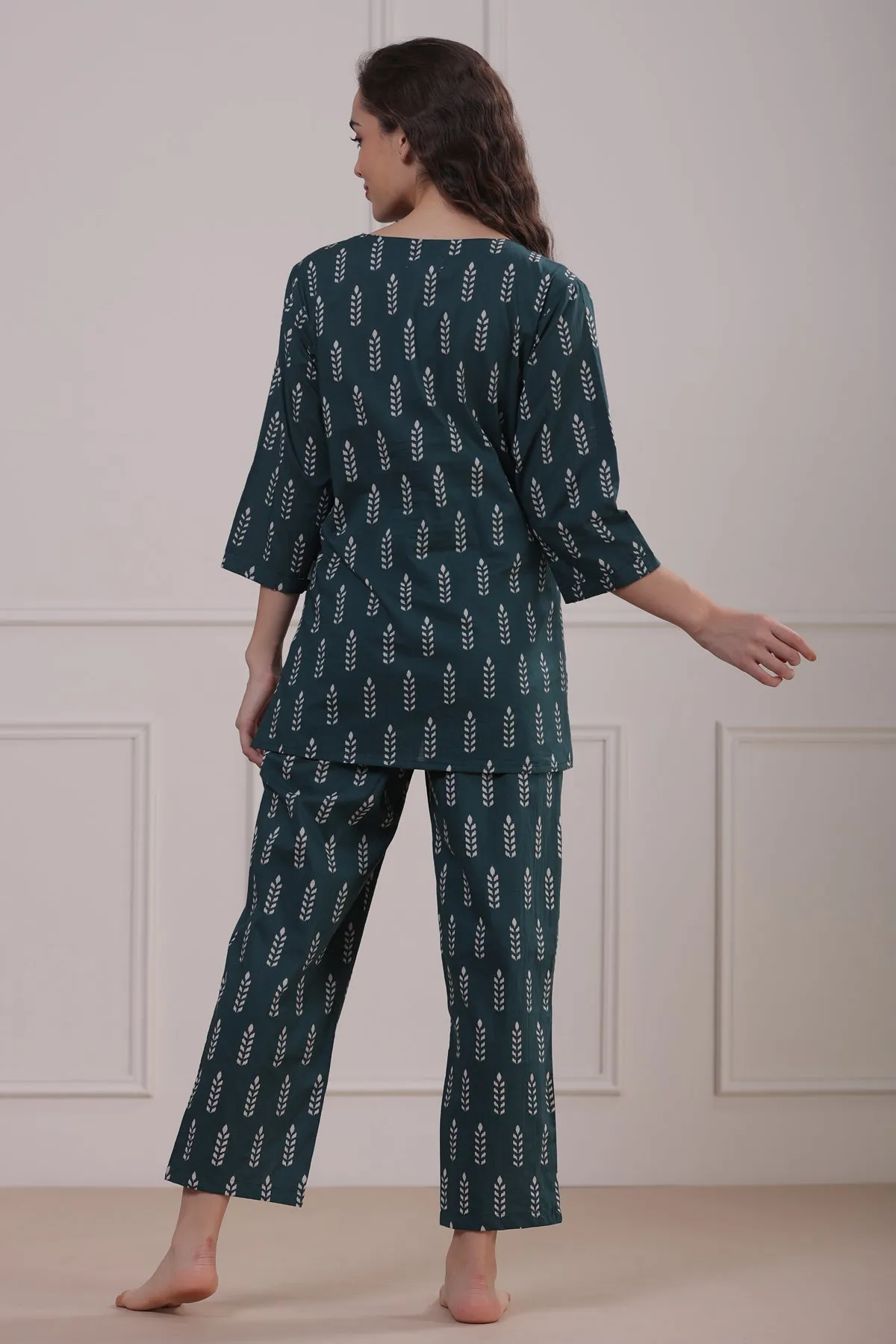 Minimalist Motif On Teal Green Loungewear Top Set