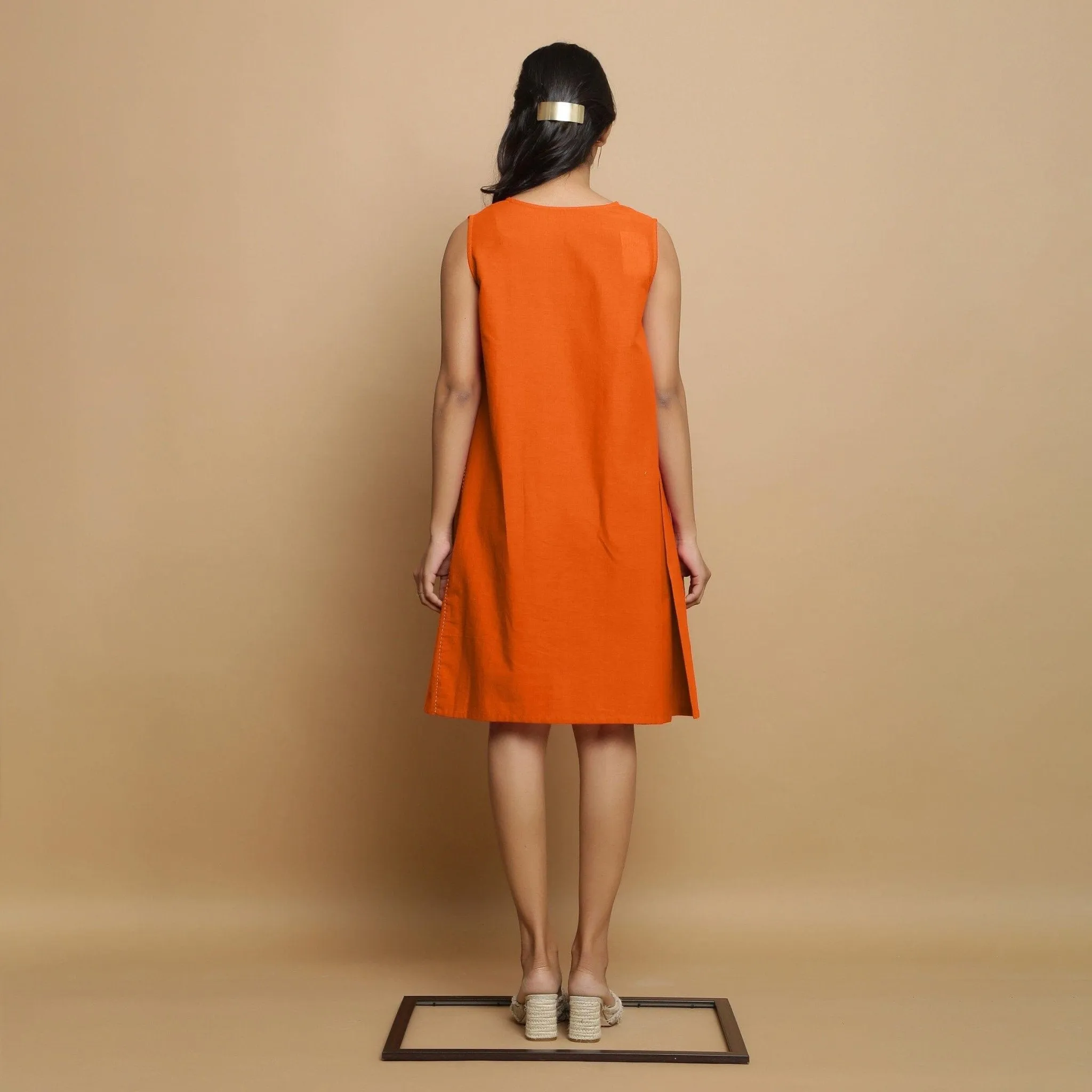 Orange Cotton Poplin Hand Embroidered Knee-Length Godet Dress