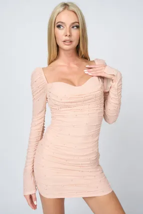 Pale Rose Luxe Pearl Mesh Sweetheart Long Sleeves Mini Dress