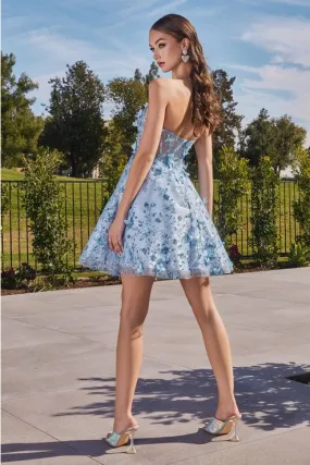 Paris Blue Floral Strapless Short Dress