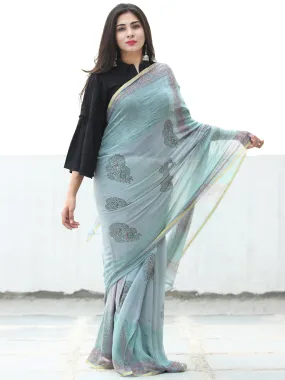 Pastel Blue Green Hand Block Printed Chiffon Saree with Zari Border - S031703949