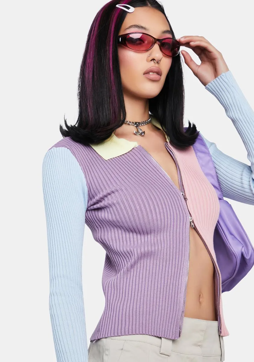 Pastel Color Block Zipped Knit Shirt