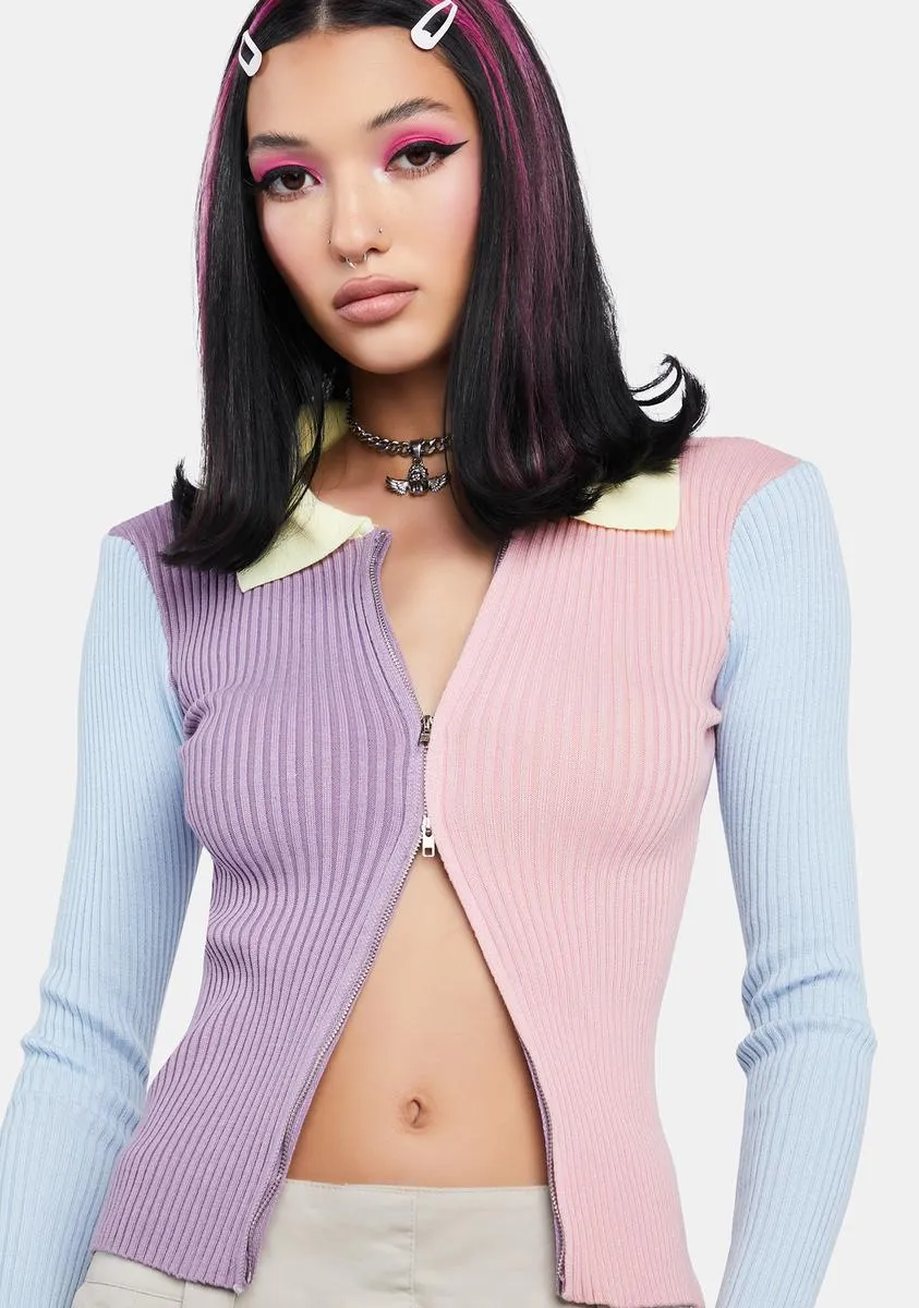 Pastel Color Block Zipped Knit Shirt