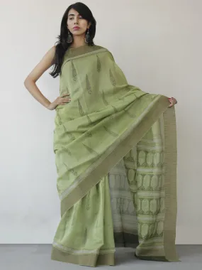 Pastel Green Ivory Hand Block Printed Chanderi Saree With Ghicha Border - S031702469