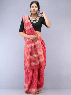 Pastel Pink Ivory Hand Block Printed Maheshwari Silk Saree With Zari Border - S031704532