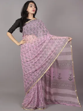 Pastel Purple Ivory Green Hand Block Printed Chiffon Saree - S031701683