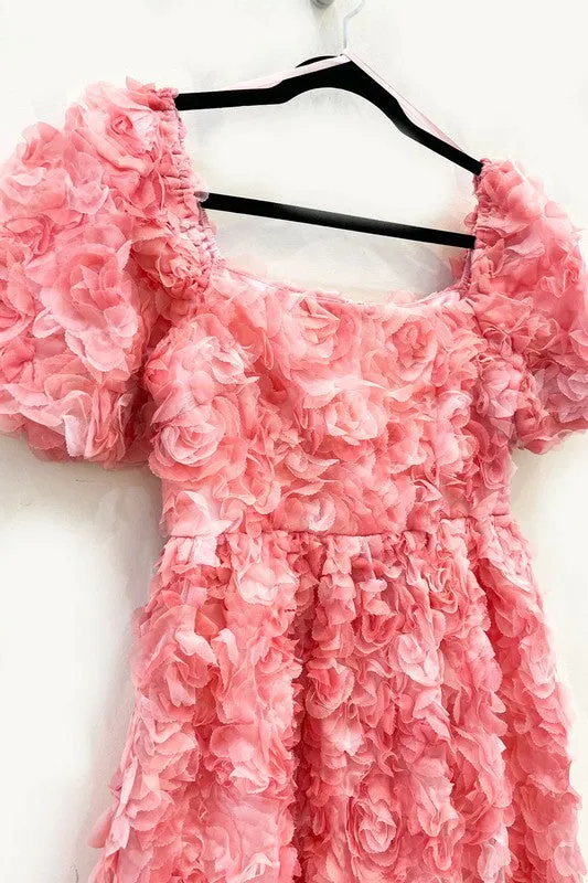 Pink Romantic Flower 3D Mesh Dress Mini Baby Doll Dress