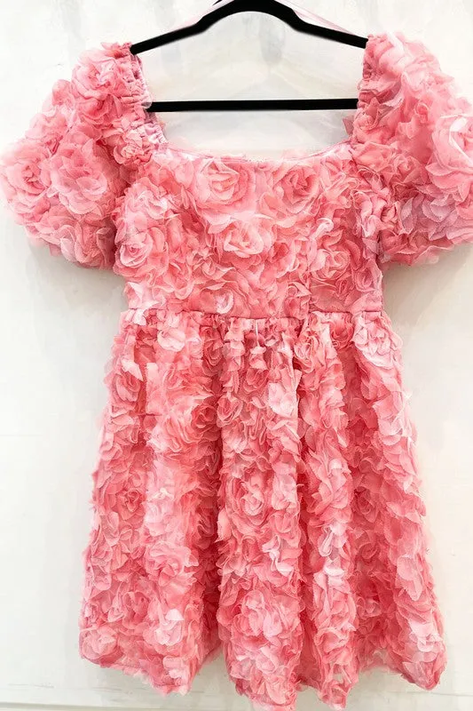 Pink Romantic Flower 3D Mesh Dress Mini Baby Doll Dress