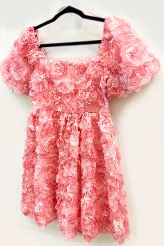 Pink Romantic Flower 3D Mesh Dress Mini Baby Doll Dress