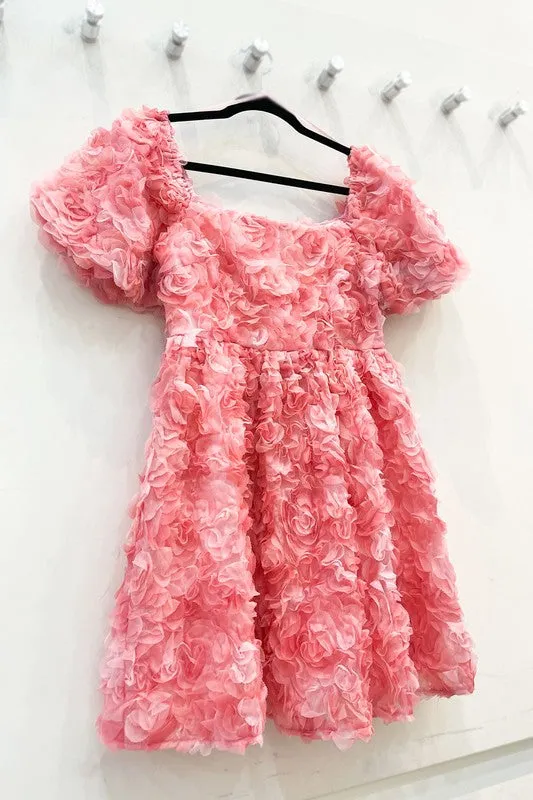 Pink Romantic Flower 3D Mesh Dress Mini Baby Doll Dress