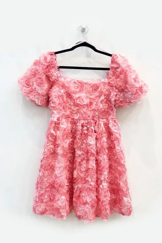 Pink Romantic Flower 3D Mesh Dress Mini Baby Doll Dress