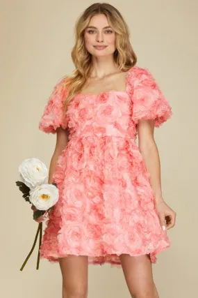 Pink Romantic Flower 3D Mesh Dress Mini Baby Doll Dress