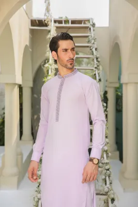 Purple Kurta Trouser - Collar Neck Embroidered - Men