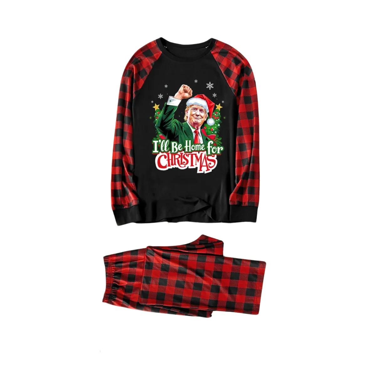 "I will be home for Christmas"Letter Printed Black&Red Plaid Pants Family Matching Pajama Set