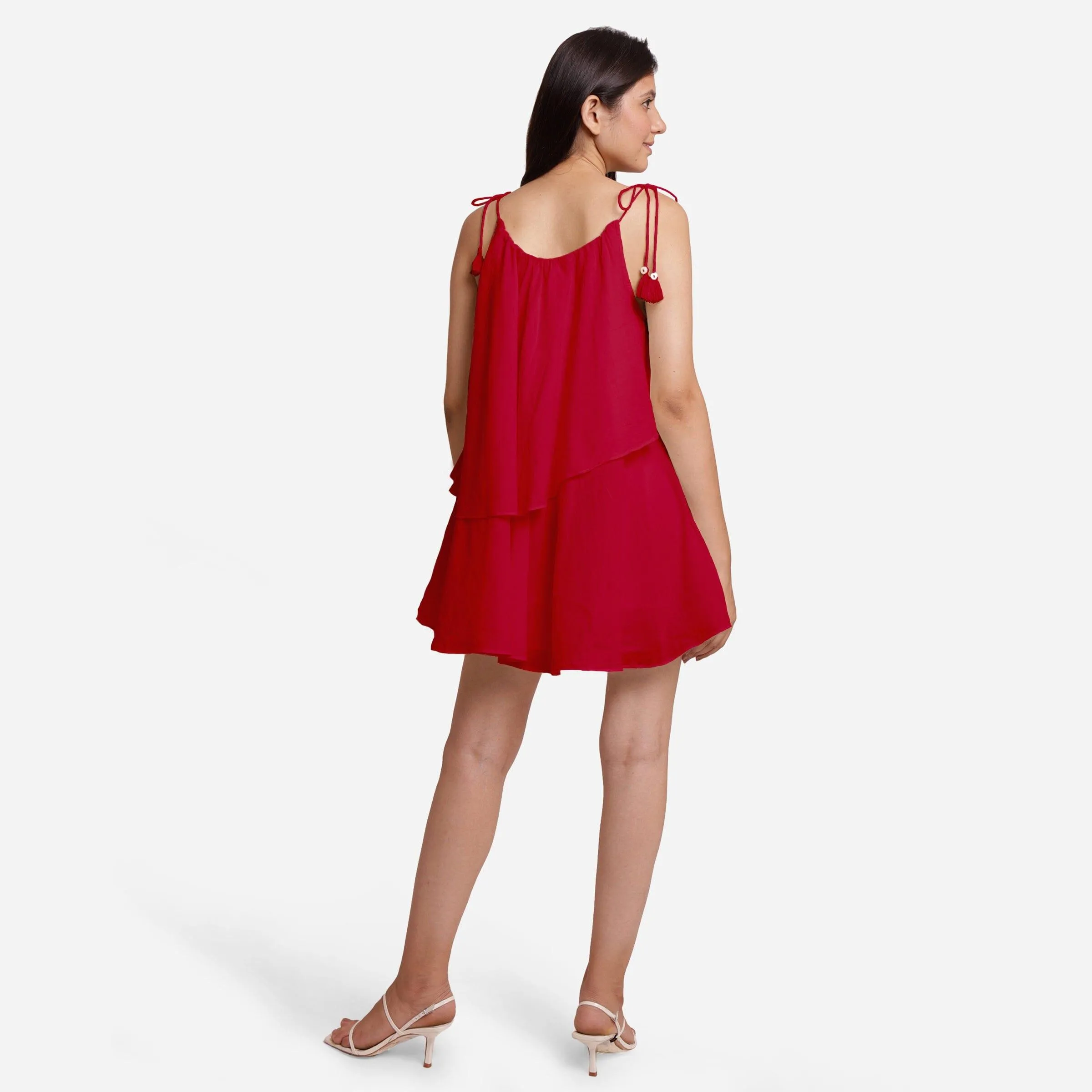 Red 100% Cotton Tie-Up Shoulder Tier Mini Dress