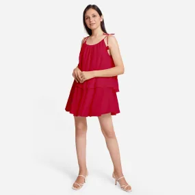 Red 100% Cotton Tie-Up Shoulder Tier Mini Dress