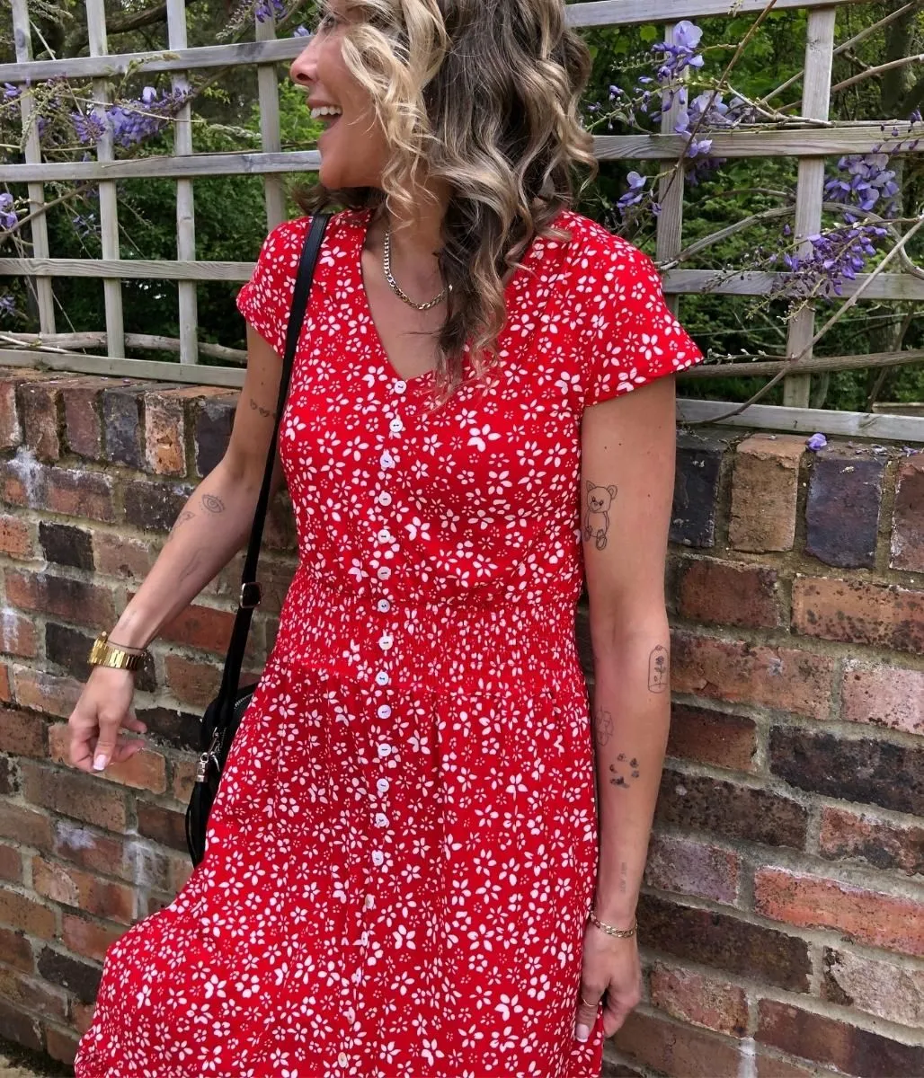 Red Ditsy Button Through Midi Dress