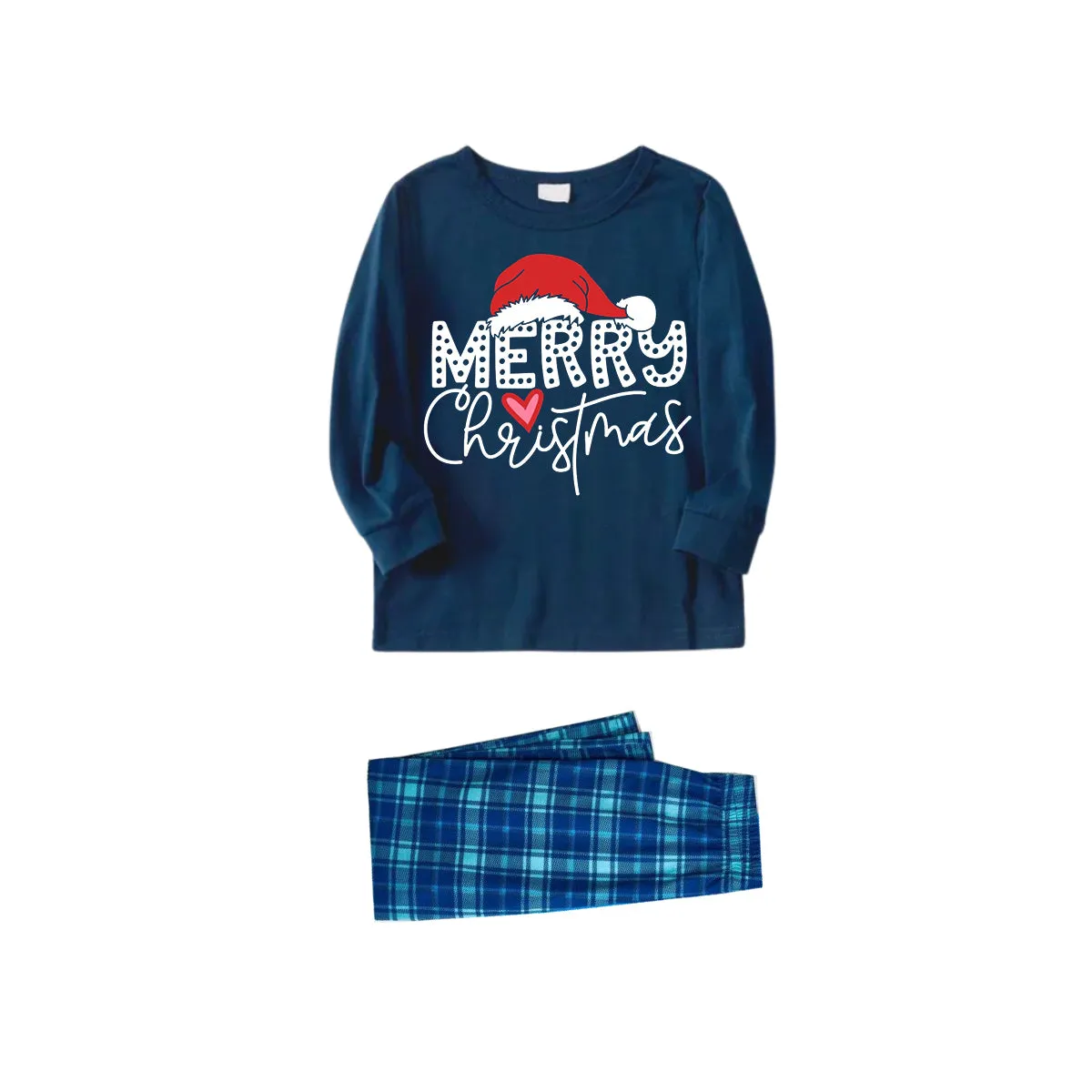 Red Santa Hat "Merry Christmas" Letter Print Blue Long Sleeves Top with Blue and Green Plaid Pants Family Matching Pajamas