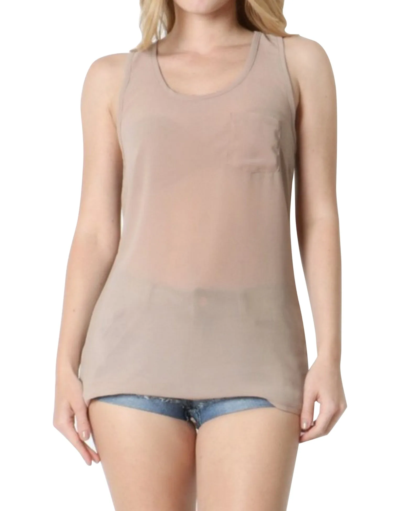 Sheer Chiffon Racerback Tank Top Shirts with Front Pocket