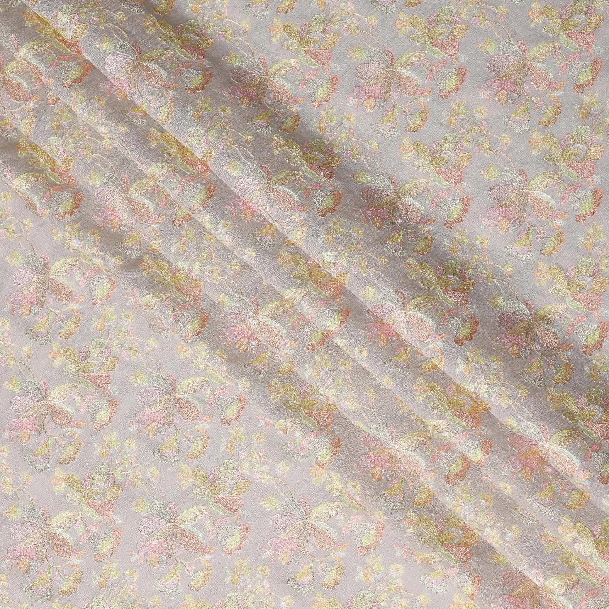 Soft Grey Indian Tussar Silk Fabric with Pastel Embroidery, 110 cm Width-D20942