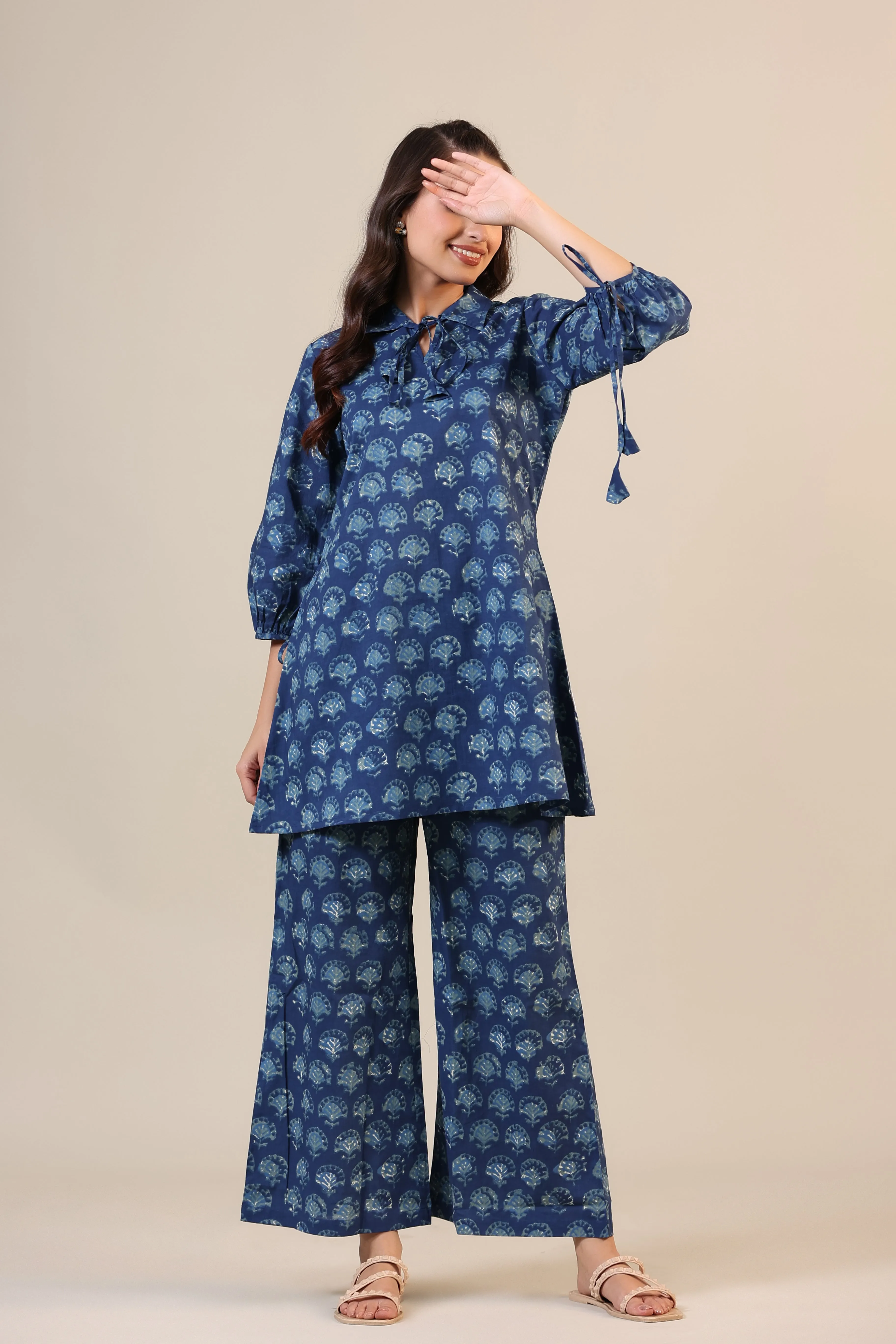 Stamped Motifs on Blue Collared Cotton Loungewear Set