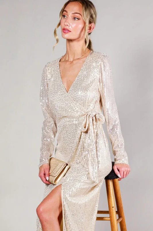 Taupe Long Sleeve Tie Waist Wrap Maxi Sequin Dress