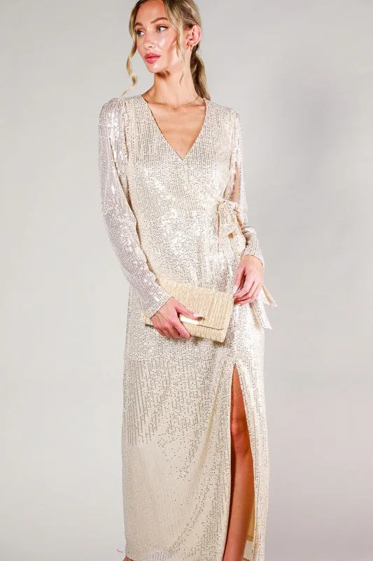 Taupe Long Sleeve Tie Waist Wrap Maxi Sequin Dress