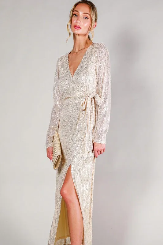 Taupe Long Sleeve Tie Waist Wrap Maxi Sequin Dress