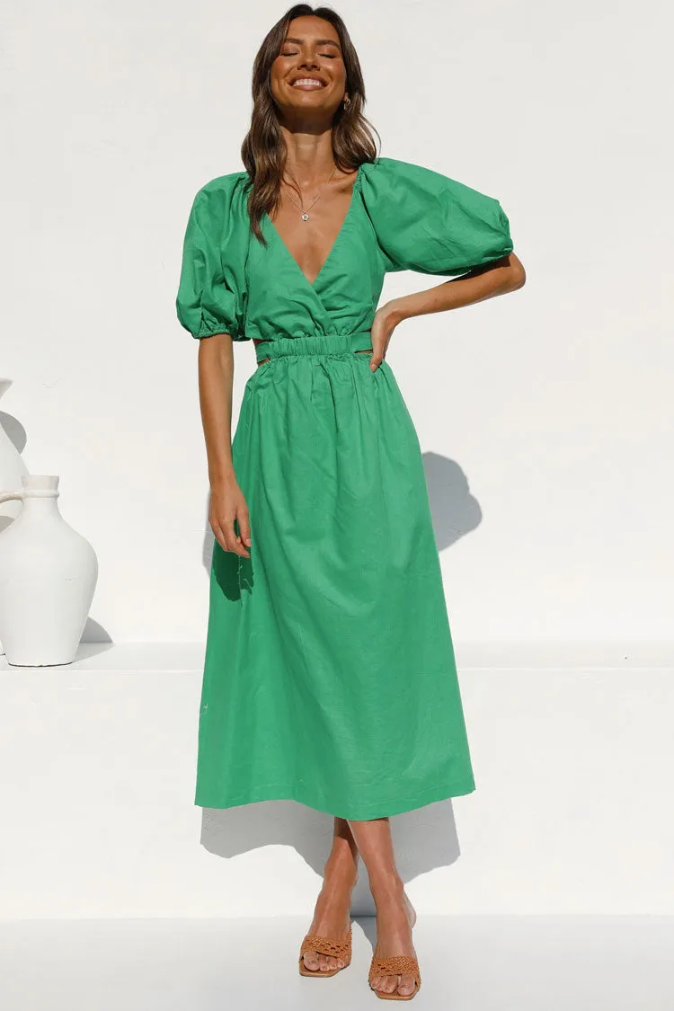 Vintage Puff Sleeve Deep V Cutout Beach Vacation Midi Dress - Green