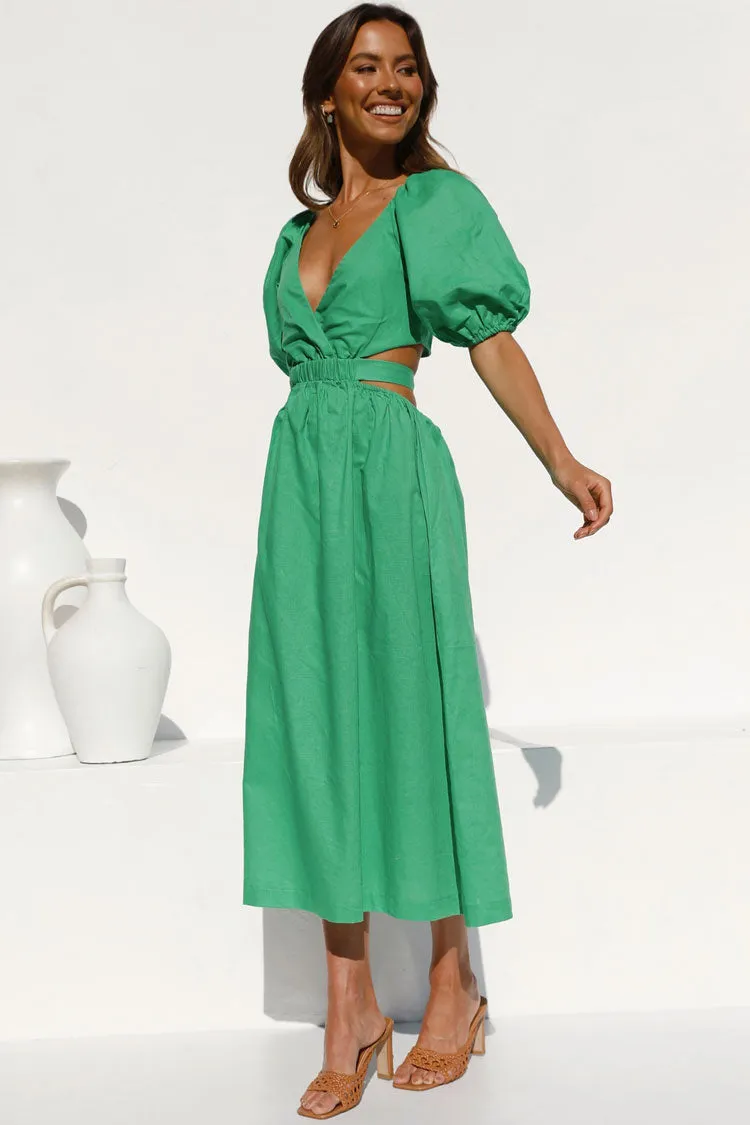 Vintage Puff Sleeve Deep V Cutout Beach Vacation Midi Dress - Green