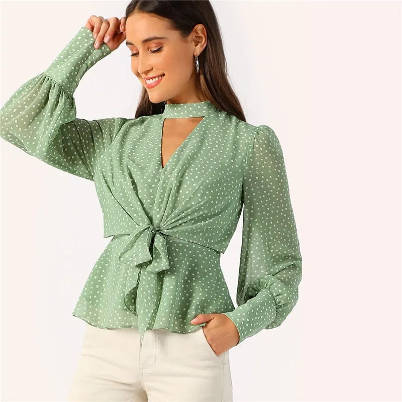 Women's Spring Polyester Blouse With Polka Dot Print