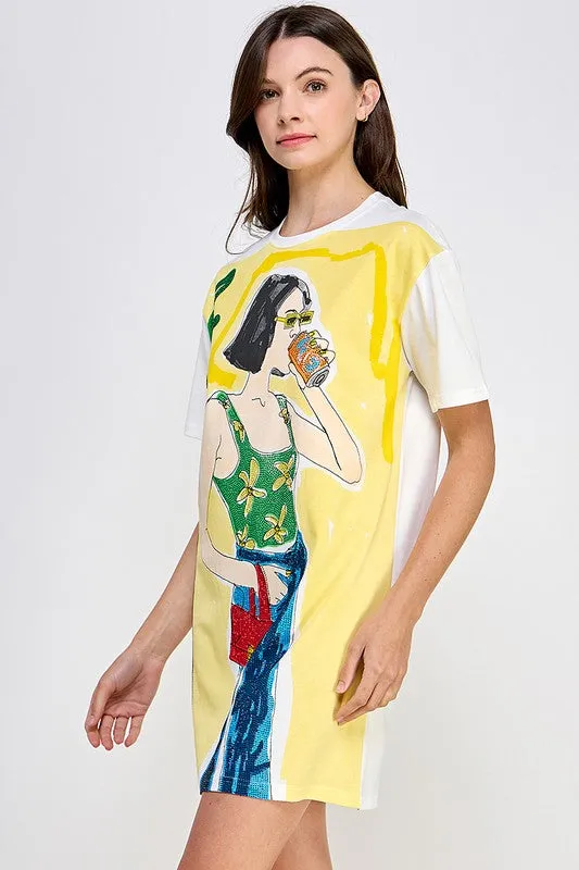 Yellow Short Slv R Nck Graphic Mini Dress