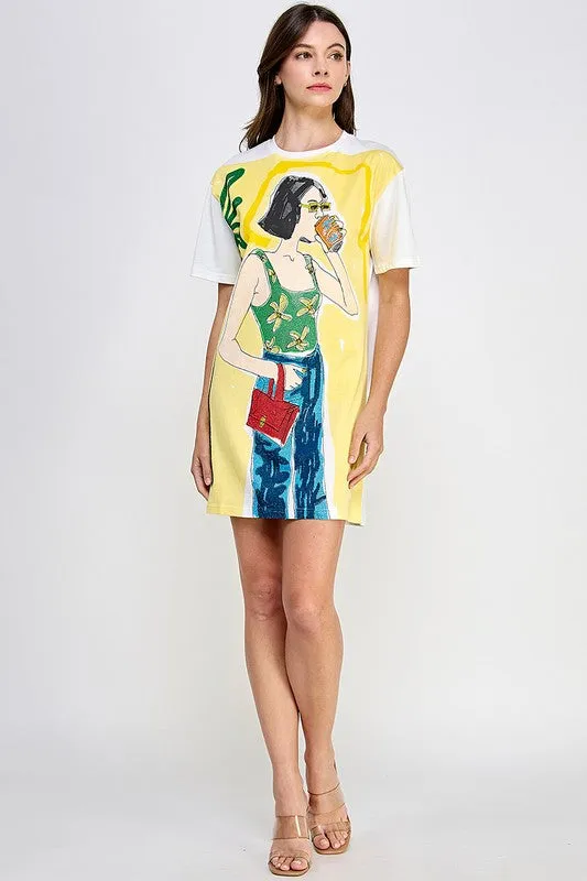 Yellow Short Slv R Nck Graphic Mini Dress