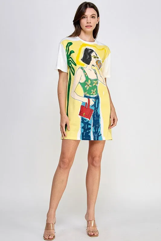 Yellow Short Slv R Nck Graphic Mini Dress