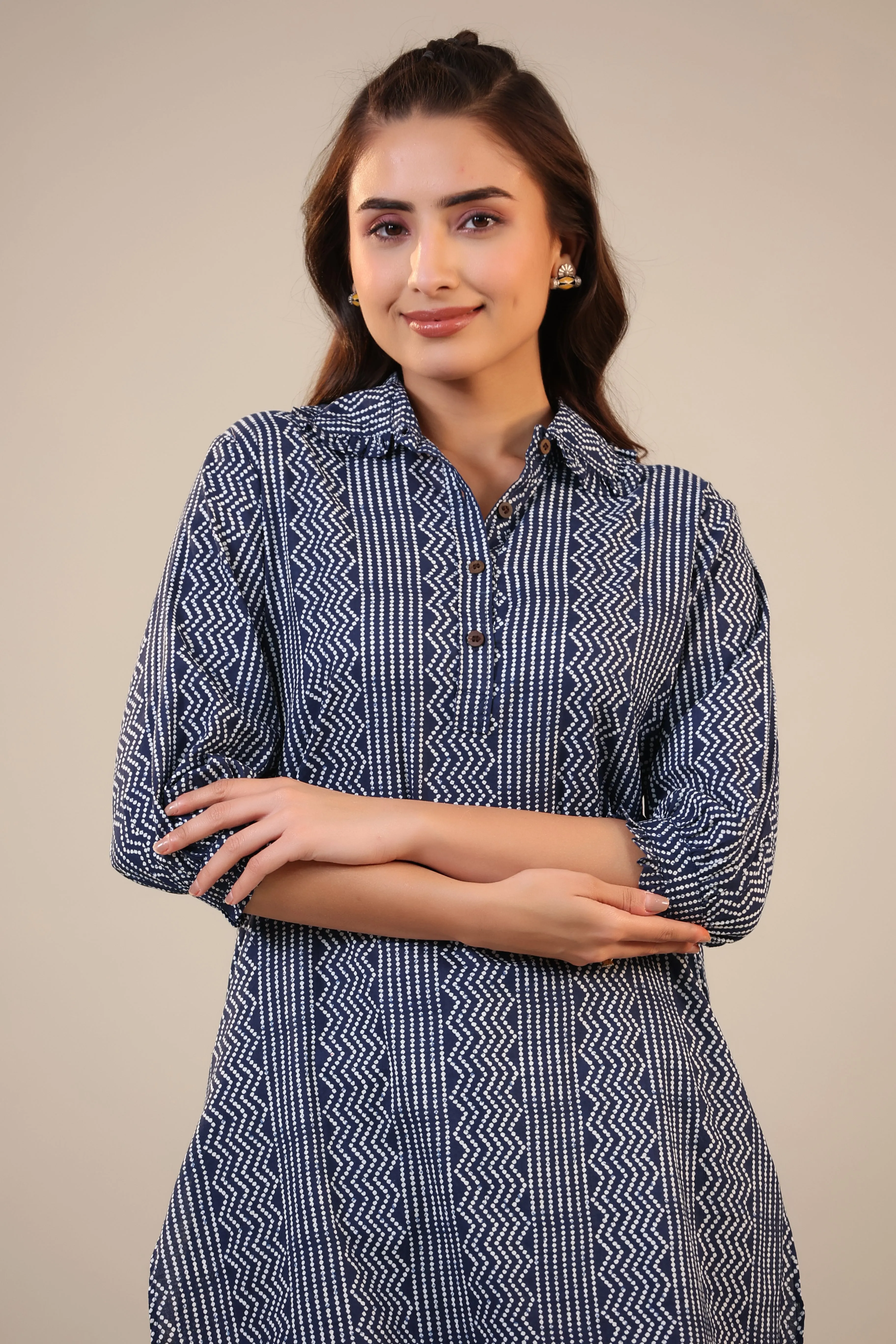 Zigzag Bandhej on Blue Cotton Palazzo Loungewear Set