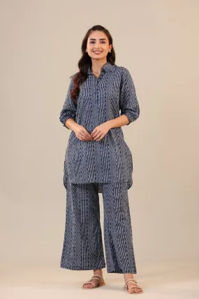 Zigzag Bandhej on Blue Cotton Palazzo Loungewear Set